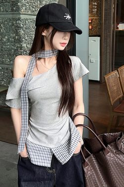 Plus Size Off-Shoulder Short Sleeve T-Shirt for Women, Summer Spliced Faux Two-Piece Top, Sweet and Spicy Slim Fit Style