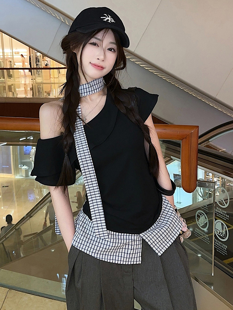 Plus Size Off-Shoulder Short Sleeve T-Shirt for Women, Summer Spliced Faux Two-Piece Top, Sweet and Spicy Slim Fit Style Plus Size Off-Shoulder Short Sleeve T-Shirt for Women, Summer Spliced Faux Two-Piece Top, Sweet and Spicy Slim Fit Style