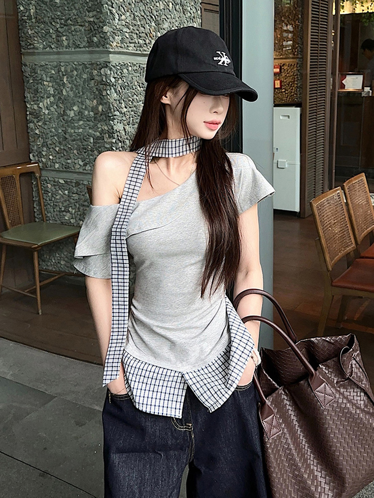 Plus Size Off-Shoulder Short Sleeve T-Shirt for Women, Summer Spliced Faux Two-Piece Top, Sweet and Spicy Slim Fit Style Plus Size Off-Shoulder Short Sleeve T-Shirt for Women, Summer Spliced Faux Two-Piece Top, Sweet and Spicy Slim Fit Style