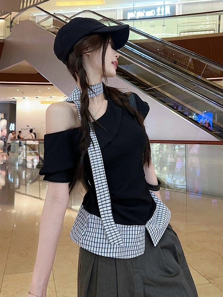 Plus Size Off-Shoulder Short Sleeve T-Shirt for Women, Summer Spliced Faux Two-Piece Top, Sweet and Spicy Slim Fit Style Plus Size Off-Shoulder Short Sleeve T-Shirt for Women, Summer Spliced Faux Two-Piece Top, Sweet and Spicy Slim Fit Style