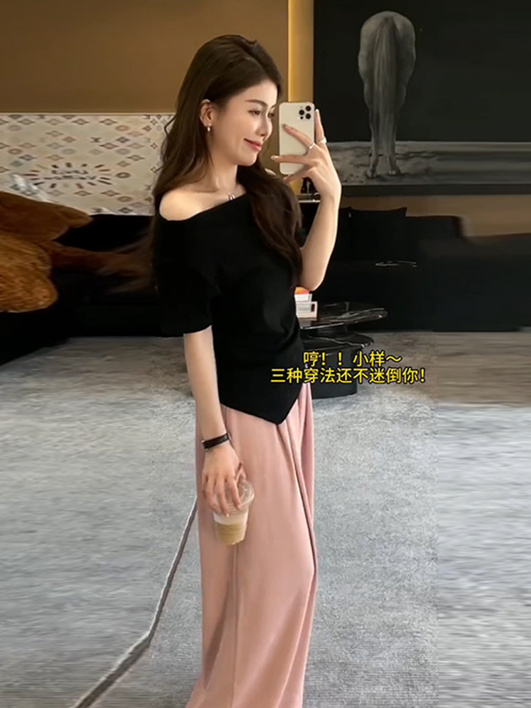 Plus-Size One-Shoulder Short Sleeve T-Shirt for Women - Spicy Girl Irregular Collarbone Summer Top, Slim Fit, Trendy Temperament Style Plus-Size One-Shoulder Short Sleeve T-Shirt for Women - Spicy Girl Irregular Collarbone Summer Top, Slim Fit, Trendy Temperament Style