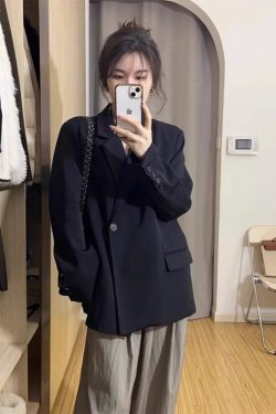 Plus Size Oversized Black Suit Jacket for Women - High-End Casual Blazer, Spring Autumn 2025 Loose Fit Fashion