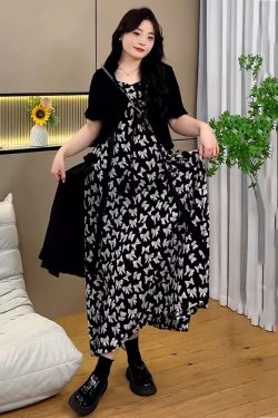 Plus Size Oversized Summer Cover-Up Outfit for Women - Short Sleeve Cardigan with Printed Camisole Dress