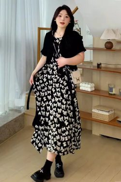 Plus Size Oversized Summer Cover-Up Outfit for Women - Short Sleeve Cardigan with Printed Camisole Dress