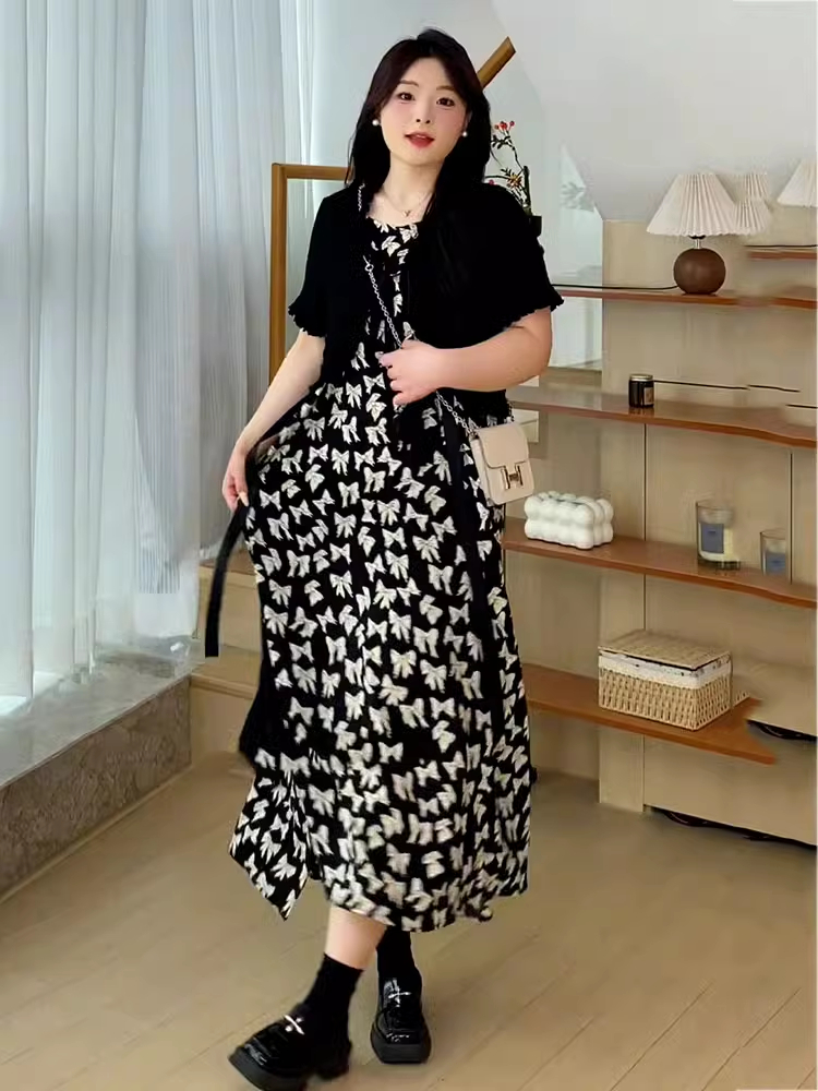 Plus Size Oversized Summer Cover-Up Outfit for Women - Short Sleeve Cardigan with Printed Camisole Dress Plus Size Oversized Summer Cover-Up Outfit for Women - Short Sleeve Cardigan with Printed Camisole Dress