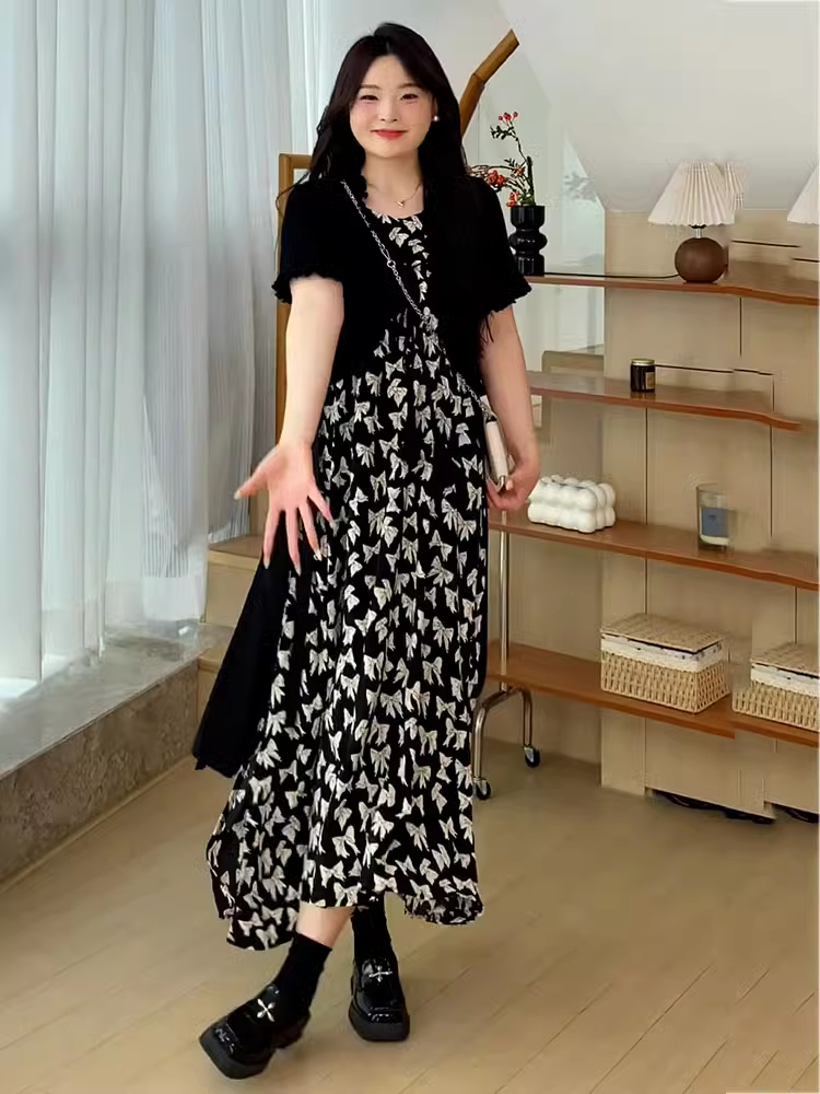 Plus Size Oversized Summer Cover-Up Outfit for Women - Short Sleeve Cardigan with Printed Camisole Dress Plus Size Oversized Summer Cover-Up Outfit for Women - Short Sleeve Cardigan with Printed Camisole Dress