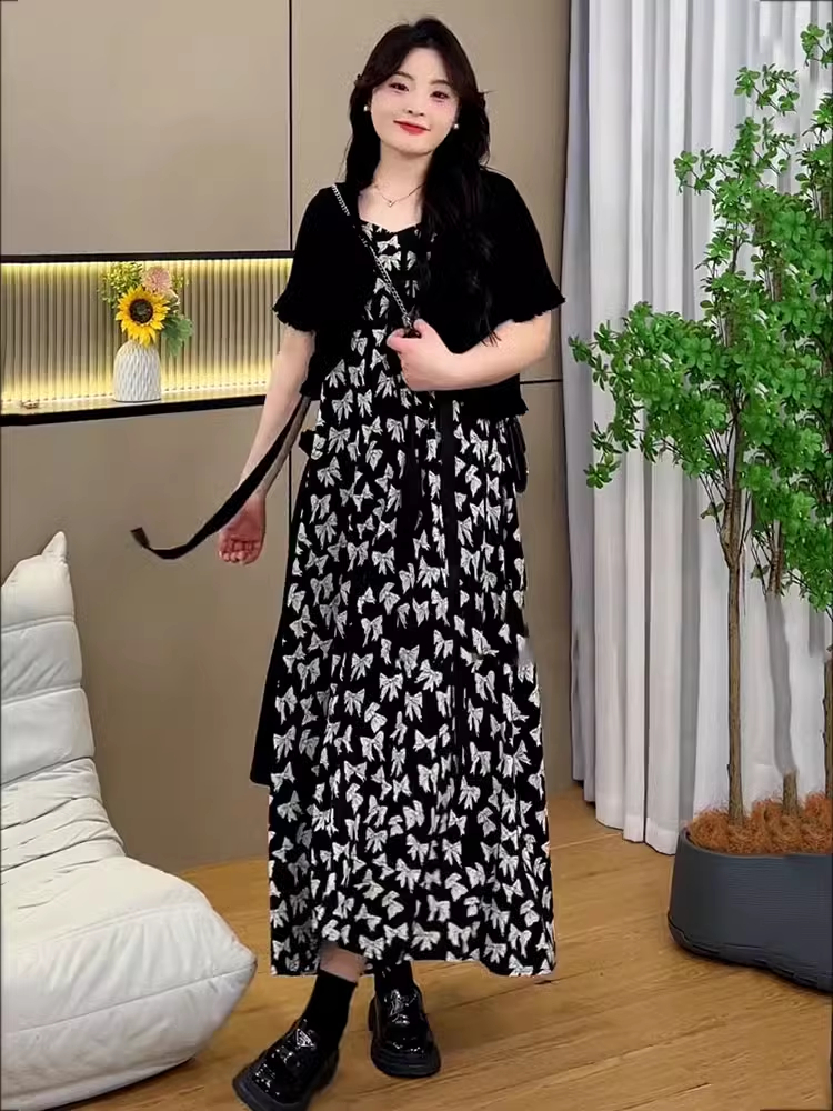 Plus Size Oversized Summer Cover-Up Outfit for Women - Short Sleeve Cardigan with Printed Camisole Dress Plus Size Oversized Summer Cover-Up Outfit for Women - Short Sleeve Cardigan with Printed Camisole Dress