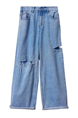 Plus Size Pearl Ripped Wide-Leg Jeans for Women - Loose Straight Leg Pants for Spring Summer 2025, Trendy Casual Fashion