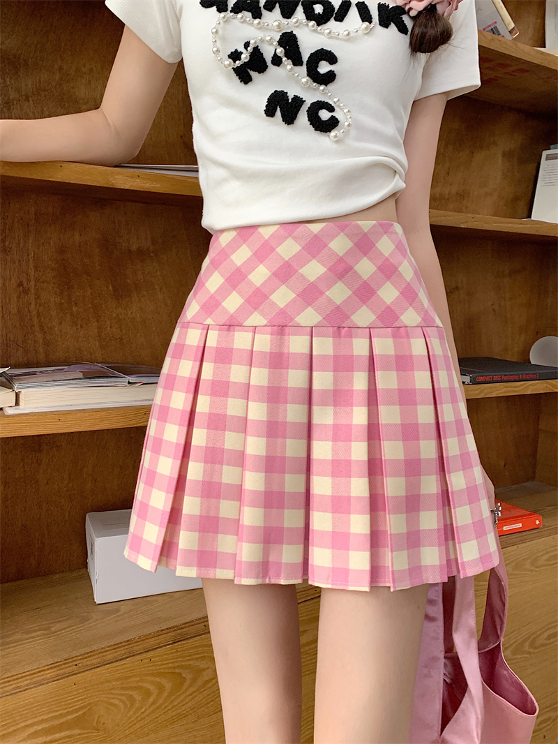 Plus-Size Pink Plaid High-Waisted Pleated Midi Skirt - Women's Summer Checkered A-Line Skirt with Slim Fit for Trendy Style Plus-Size Pink Plaid High-Waisted Pleated Midi Skirt - Women's Summer Checkered A-Line Skirt with Slim Fit for Trendy Style