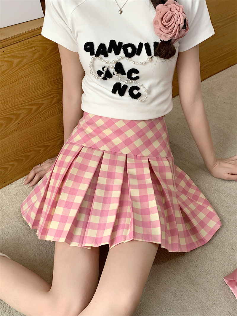 Plus-Size Pink Plaid High-Waisted Pleated Midi Skirt - Women's Summer Checkered A-Line Skirt with Slim Fit for Trendy Style Plus-Size Pink Plaid High-Waisted Pleated Midi Skirt - Women's Summer Checkered A-Line Skirt with Slim Fit for Trendy Style