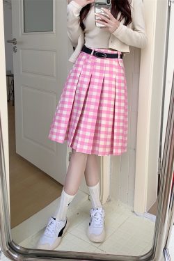 Plus Size Pink Plaid High-Waisted Pleated Midi Skirt for Women - Summer College Style A-Line Patterned Skirt