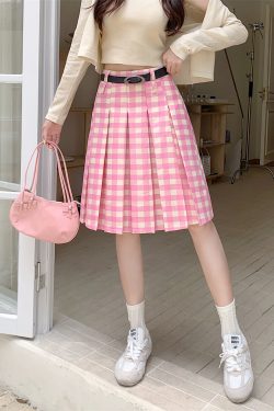 Plus Size Pink Plaid High-Waisted Pleated Midi Skirt for Women - Summer College Style A-Line Patterned Skirt