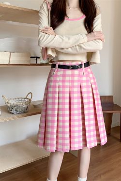 Plus Size Pink Plaid High-Waisted Pleated Midi Skirt for Women - Summer College Style A-Line Patterned Skirt