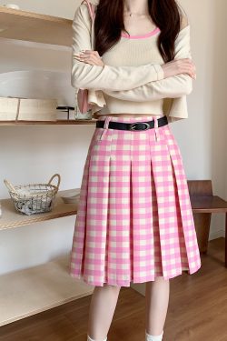 Plus Size Pink Plaid High-Waisted Pleated Midi Skirt for Women - Summer College Style A-Line Patterned Skirt