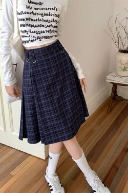 Plus Size Plaid A-Line Skirt for Women, High-Waisted Checkered Skirt, Autumn College Style, Slimming Mid-Length Fashion