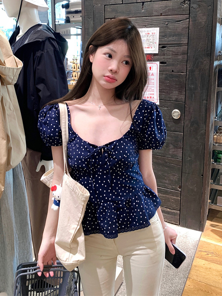 Plus Size Polka Dot U-Neck Bubble Short Sleeve Shirt for Women - Summer Sweet Spicy Tummy-Covering Top, Trendy and Unique Design Plus Size Polka Dot U-Neck Bubble Short Sleeve Shirt for Women - Summer Sweet Spicy Tummy-Covering Top, Trendy and Unique Design