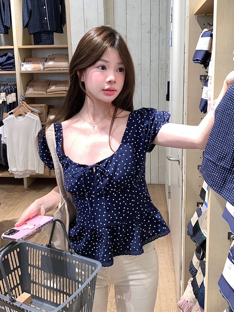 Plus Size Polka Dot U-Neck Bubble Short Sleeve Shirt for Women - Summer Sweet Spicy Tummy-Covering Top, Trendy and Unique Design Plus Size Polka Dot U-Neck Bubble Short Sleeve Shirt for Women - Summer Sweet Spicy Tummy-Covering Top, Trendy and Unique Design