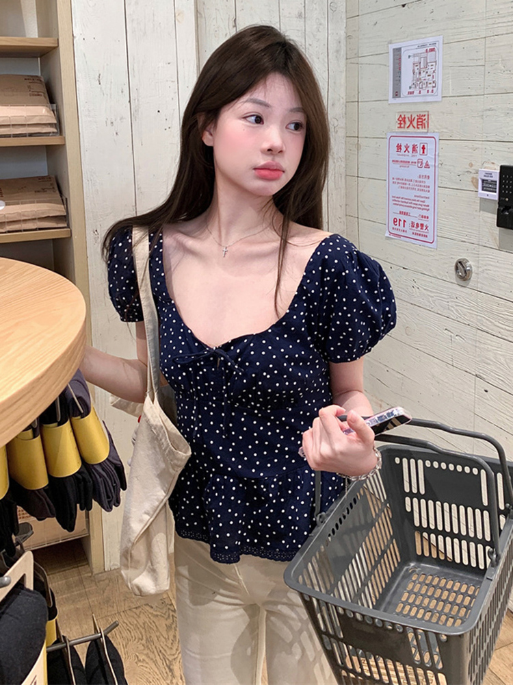 Plus Size Polka Dot U-Neck Bubble Short Sleeve Shirt for Women - Summer Sweet Spicy Tummy-Covering Top, Trendy and Unique Design Plus Size Polka Dot U-Neck Bubble Short Sleeve Shirt for Women - Summer Sweet Spicy Tummy-Covering Top, Trendy and Unique Design