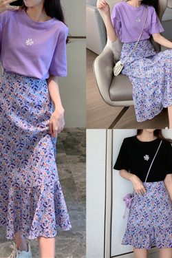 Plus Size Purple Floral Chiffon A-Line Skirt for Women, Summer Fashion, Flattering Fish Tail Mid-Length Style