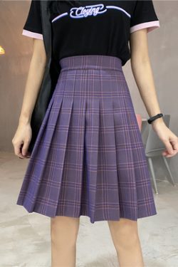 Plus Size Purple Plaid Pleated Midi Skirt for Women - High-Waisted A-Line College Style