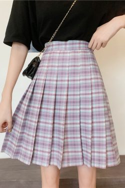 Plus Size Purple Plaid Pleated Midi Skirt for Women - High-Waisted A-Line College Style