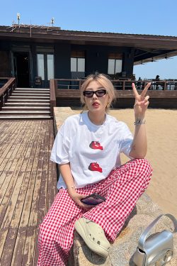 Plus Size Red Plaid Loose Long Pants – Versatile Casual Summer Trousers for Y2K and 90s Inspired Style