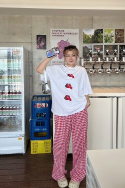 Plus Size Red Plaid Loose Long Pants – Versatile Casual Summer Trousers for Y2K and 90s Inspired Style