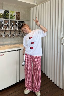 Plus Size Red Plaid Loose Long Pants – Versatile Casual Summer Trousers for Y2K and 90s Inspired Style