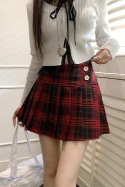 Plus Size Red Plaid Pleated Skirt - Spring Summer A-Line High Waist JK Style Short Skirt for Women