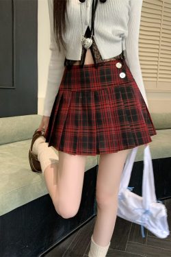 Plus Size Red Plaid Pleated Skirt - Spring Summer A-Line High Waist JK Style Short Skirt for Women
