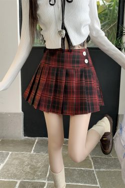Plus Size Red Plaid Pleated Skirt - Spring Summer A-Line High Waist JK Style Short Skirt for Women