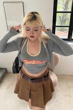 Plus Size Retro Coffee Color Pleated A-Line Mini Skirt - American Style College Fashion, Solid Color, Slim Fit