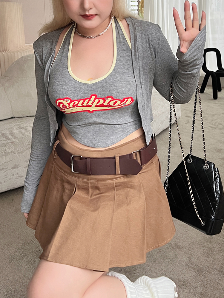 Plus Size Retro Coffee Color Pleated A-Line Mini Skirt - American Style College Fashion, Solid Color, Slim Fit Plus Size Retro Coffee Color Pleated A-Line Mini Skirt - American Style College Fashion, Solid Color, Slim Fit