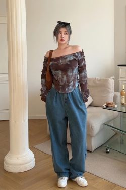 Plus Size Retro High-Waisted Button Straight-Leg Wide-Leg Pants - Casual Slimming Women's Jeans for Y2K and Vintage Style