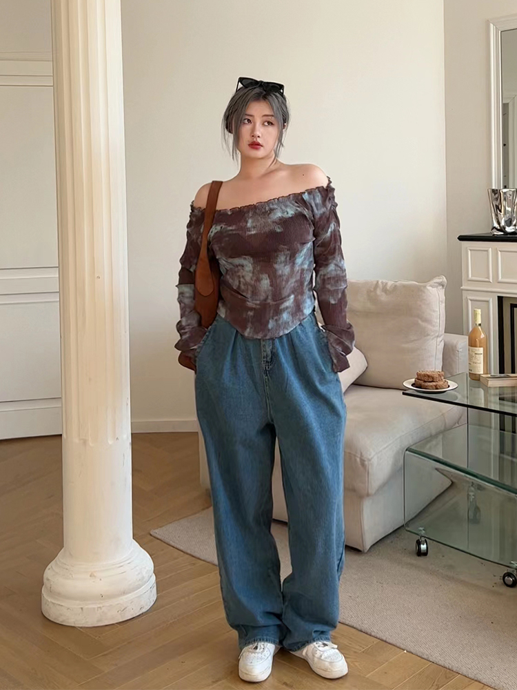 Plus Size Retro High-Waisted Button Straight-Leg Wide-Leg Pants - Casual Slimming Women's Jeans for Y2K and Vintage Style Plus Size Retro High-Waisted Button Straight-Leg Wide-Leg Pants - Casual Slimming Women's Jeans for Y2K and Vintage Style