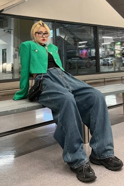 Plus Size Retro High-Waisted Button Straight-Leg Wide-Leg Pants - Casual Slimming Women's Jeans for Y2K and Vintage Style