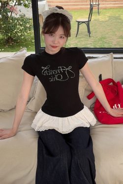 Plus Size Rhinestone Butterfly Knot Lace Short Sleeve T-Shirt for Women - Flattering Slim Fit Summer Top