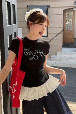 Plus Size Rhinestone Butterfly Knot Lace Short Sleeve T-Shirt for Women - Flattering Slim Fit Summer Top