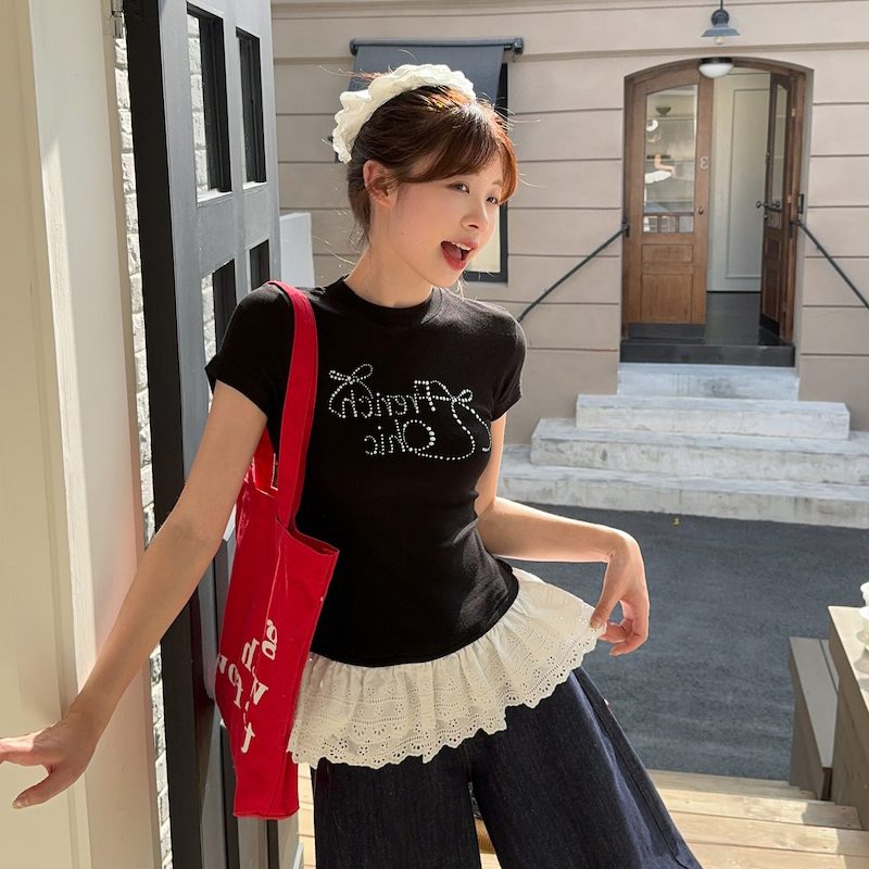 Plus Size Rhinestone Butterfly Knot Lace Short Sleeve T-Shirt for Women - Flattering Slim Fit Summer Top Plus Size Rhinestone Butterfly Knot Lace Short Sleeve T-Shirt for Women - Flattering Slim Fit Summer Top