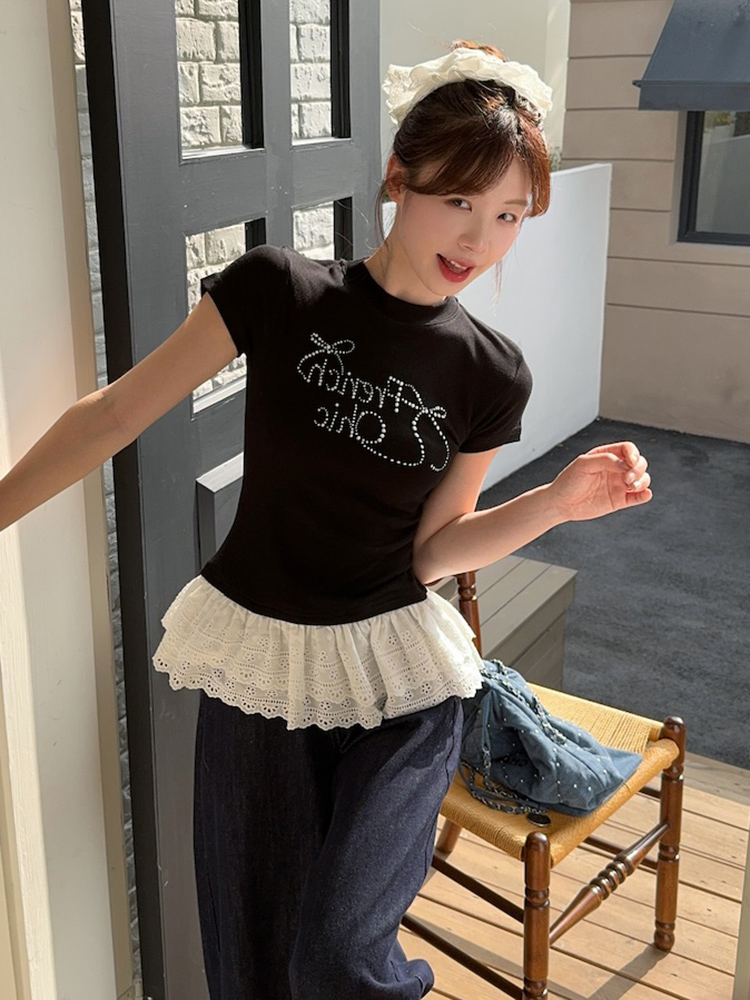 Plus Size Rhinestone Butterfly Knot Lace Short Sleeve T-Shirt for Women - Flattering Slim Fit Summer Top Plus Size Rhinestone Butterfly Knot Lace Short Sleeve T-Shirt for Women - Flattering Slim Fit Summer Top