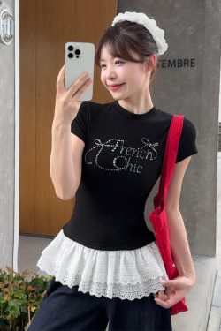 Plus Size Rhinestone Butterfly Knot Lace Short Sleeve T-Shirt for Women - Flattering Slim Fit Summer Top