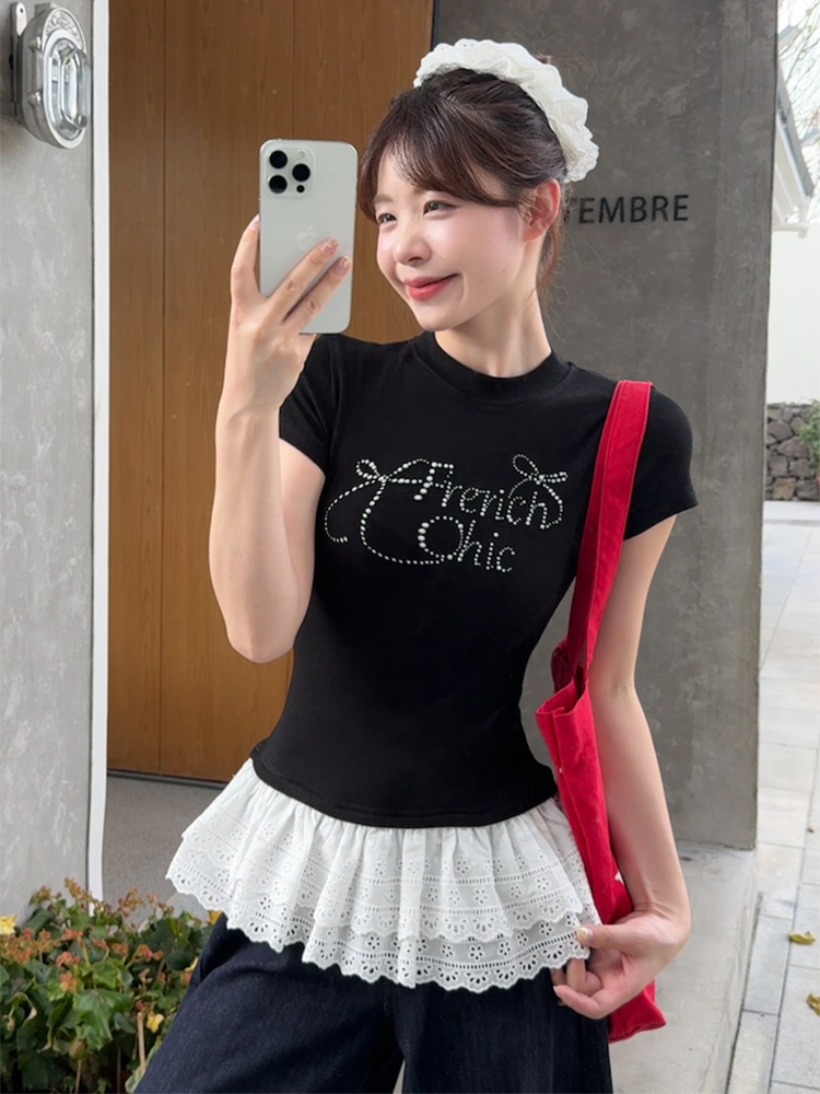 Plus Size Rhinestone Butterfly Knot Lace Short Sleeve T-Shirt for Women - Flattering Slim Fit Summer Top Plus Size Rhinestone Butterfly Knot Lace Short Sleeve T-Shirt for Women - Flattering Slim Fit Summer Top