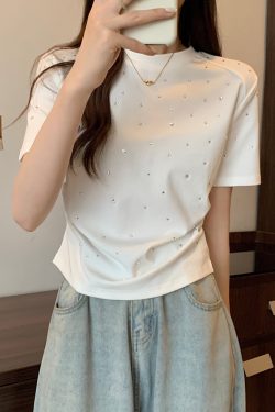 Plus-Size Rhinestone Ruched Short-Sleeve T-Shirt for Summer - Trendy Slimming Design for Women