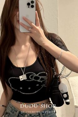 Plus Size Rhinestone U-Neck Short Sleeve Crop Top T-Shirt for Women, Summer Sexy Slim Fit Design for Curvy Figures