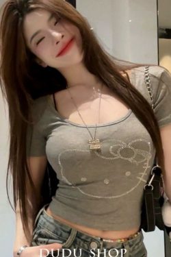 Plus Size Rhinestone U-Neck Short Sleeve Crop Top T-Shirt for Women, Summer Sexy Slim Fit Design for Curvy Figures