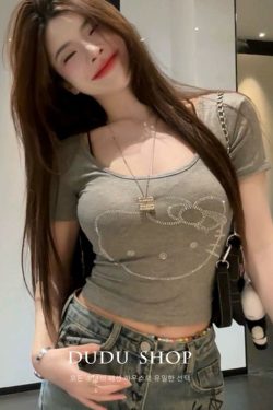 Plus Size Rhinestone U-Neck Short Sleeve Crop Top T-Shirt for Women, Summer Sexy Slim Fit Design for Curvy Figures