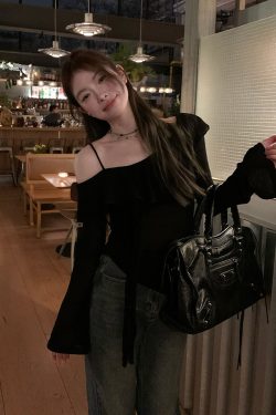 Plus Size Ruffled Off-Shoulder Long Sleeve T-Shirt for Women - Autumn Spicy Girl Design, Unique Camisole Base Top