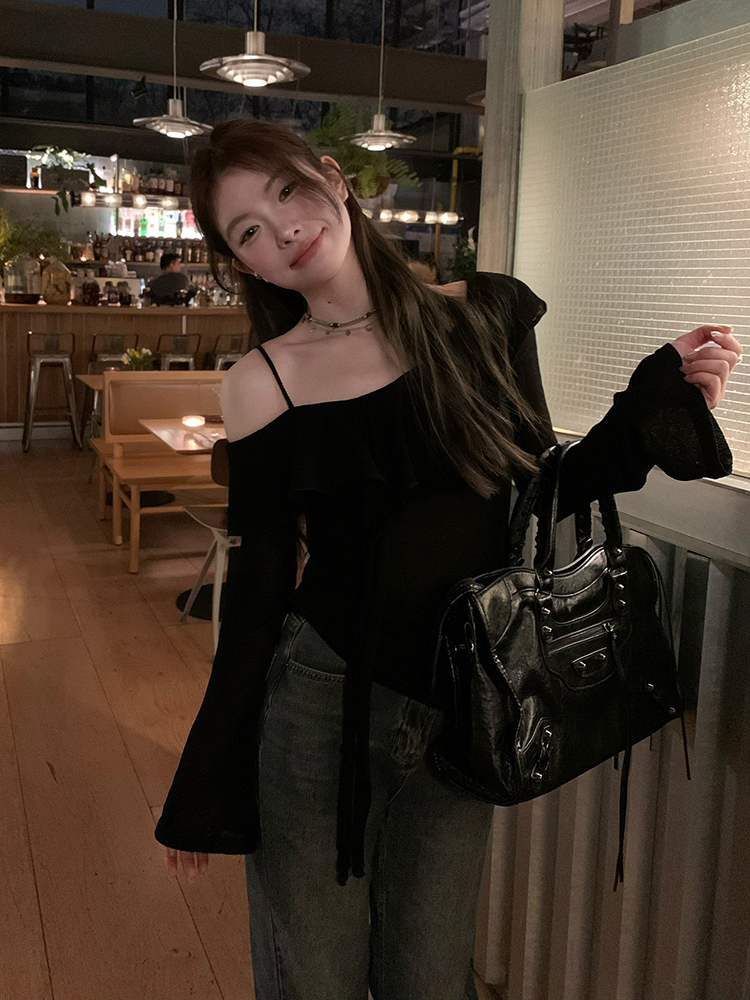 Plus Size Ruffled Off-Shoulder Long Sleeve T-Shirt for Women - Autumn Spicy Girl Design, Unique Camisole Base Top Plus Size Ruffled Off-Shoulder Long Sleeve T-Shirt for Women - Autumn Spicy Girl Design, Unique Camisole Base Top