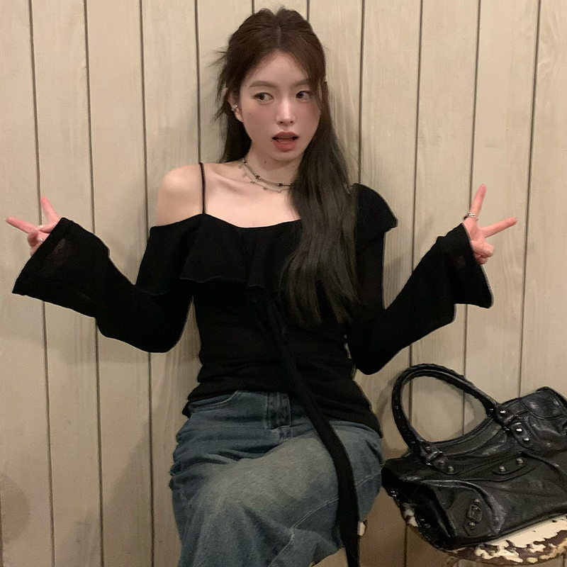 Plus Size Ruffled Off-Shoulder Long Sleeve T-Shirt for Women - Autumn Spicy Girl Design, Unique Camisole Base Top Plus Size Ruffled Off-Shoulder Long Sleeve T-Shirt for Women - Autumn Spicy Girl Design, Unique Camisole Base Top