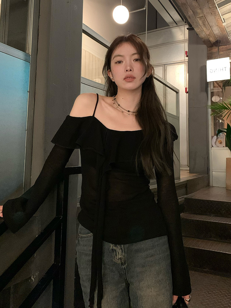 Plus Size Ruffled Off-Shoulder Long Sleeve T-Shirt for Women - Autumn Spicy Girl Design, Unique Camisole Base Top Plus Size Ruffled Off-Shoulder Long Sleeve T-Shirt for Women - Autumn Spicy Girl Design, Unique Camisole Base Top